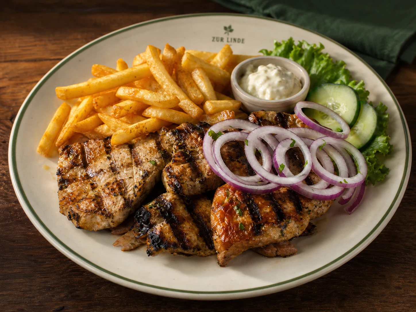 Grillteller mit Pommes, Zwiebeln, Salat und Dip
